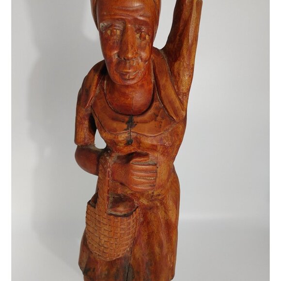 African Hand Carved Wooden Sculpture of a Woman Carrying a Basket Vintage Wood - Picture 3 of 12